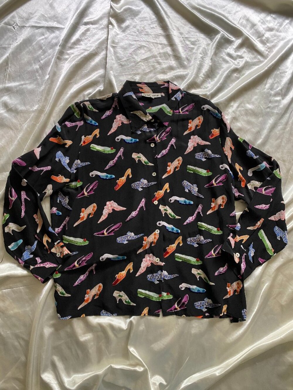 Vintage 90s 100% Silk High Heel Print Beaded Button Up Blouse Novelty Unique XL